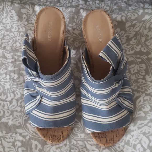 Express Blue and White Stripe Cork Heels Mules - Picture 2 of 5